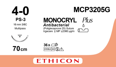 Sutures - Monocryl Plus 4/0 70cm MCP3205G (formerly W3205) x12